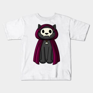 Black cat in robe and skull mask Kids T-Shirt